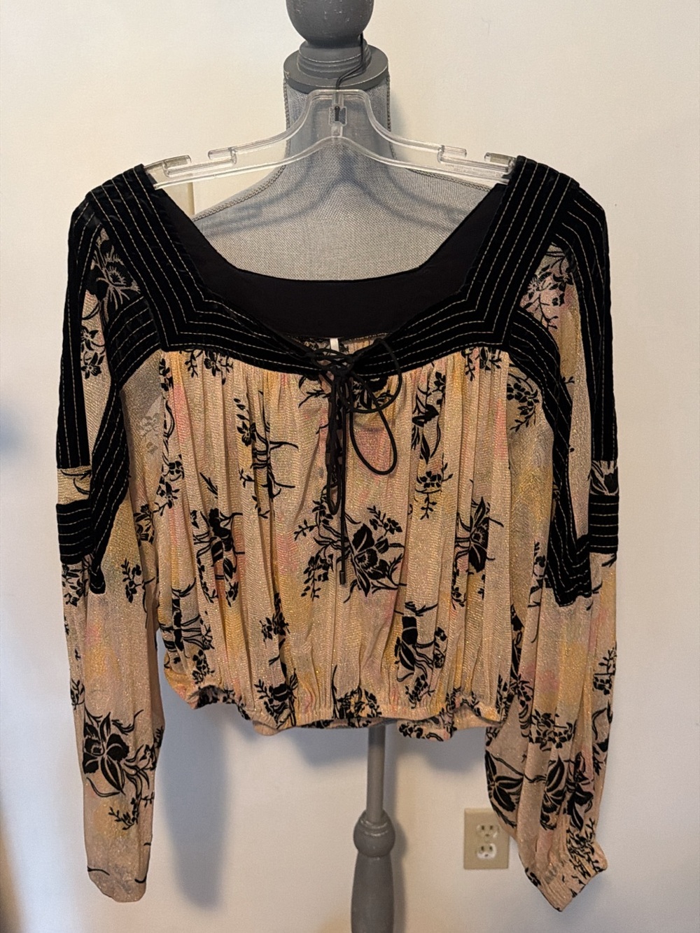 Free People Floral Lace-Up Peasant Blouse - Pink & Black
